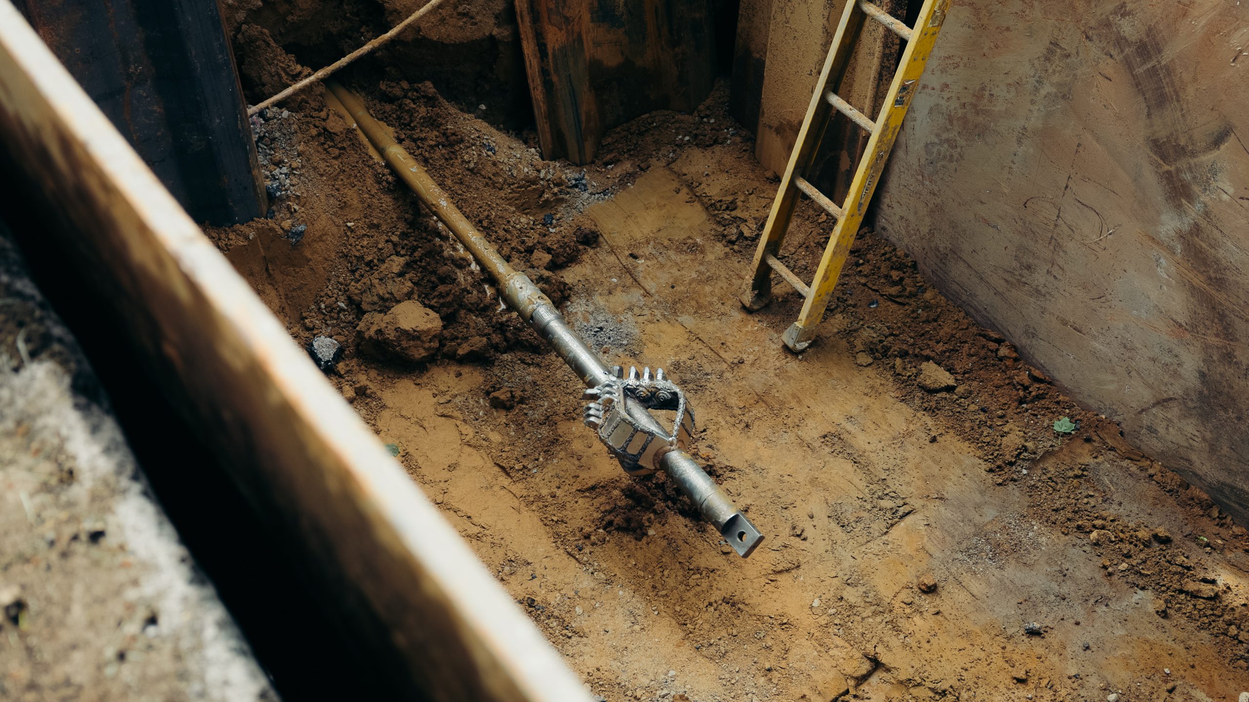 Atlas HDD directional boring tool in a shored excavation, southeast Michigan